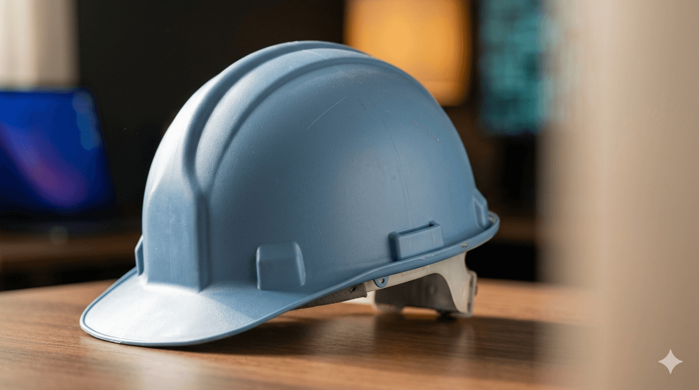Capacete ConstruNew sobre mesa de escritório de engenharia