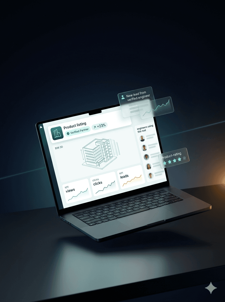 Dashboard de construtech em laptop com métricas e leads
