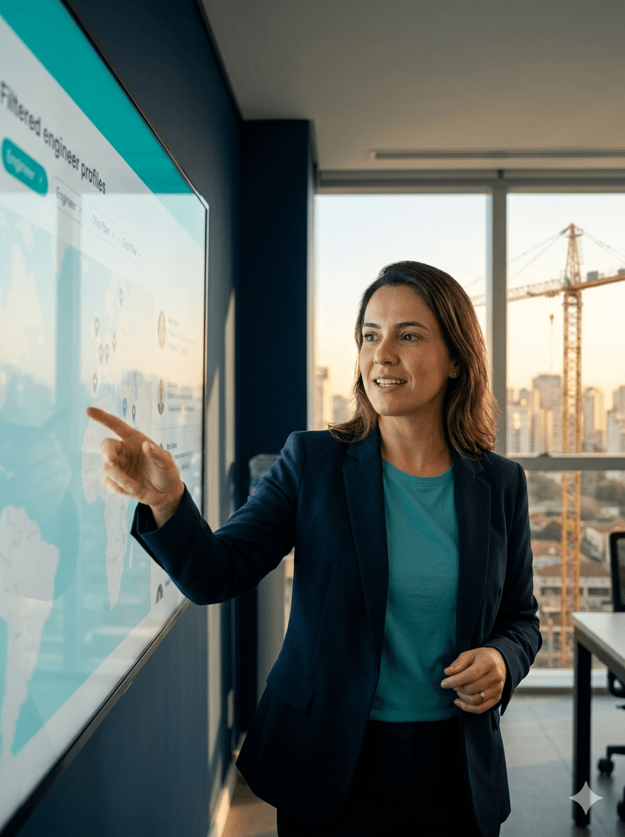 Gestora de construtora apresentando busca de profissionais