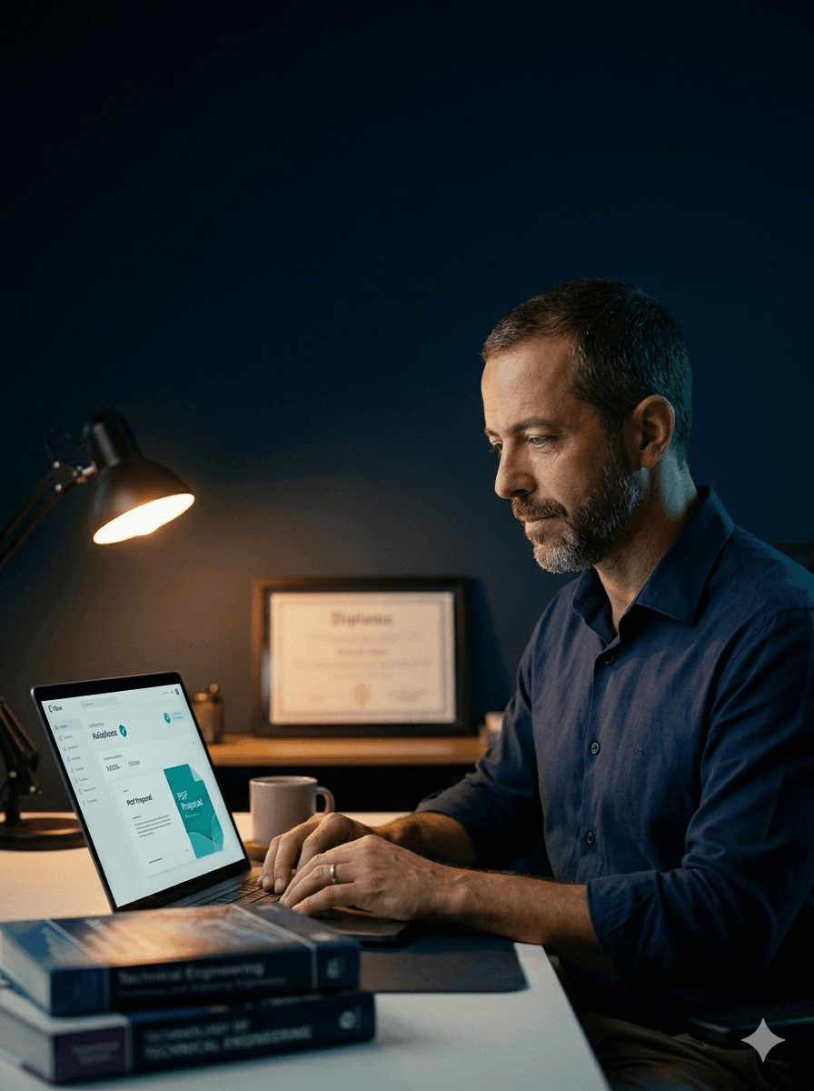 Engenheiro especialista em home office analisando projeto