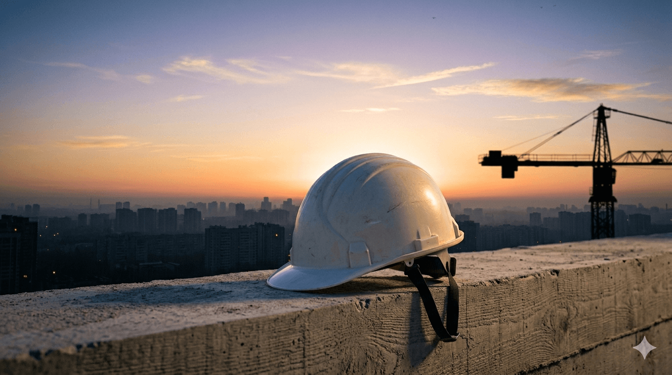 Capacete do engenheiro na beira da laje com horizonte ao amanhecer